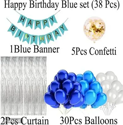 Printed Happy Birthday Blue Banner 30 Pc Metallic Balloon 2 Shiny Silver Fringe Curtain 5 Golden Confetti Balloon (Blue, White, Silver, Pack Of 38)-thumb2