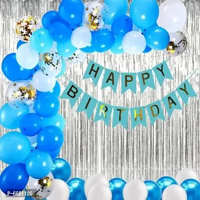 Printed Happy Birthday Blue Banner 30 Pc Metallic Balloon 2 Shiny Silver Fringe Curtain 5 Golden Confetti Balloon (Blue, White, Silver, Pack Of 38)
