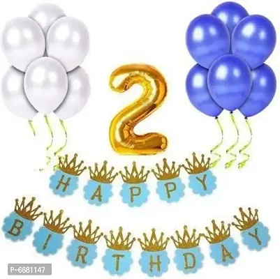 2nd Birthday Decoration For Boys-Crown Glittery Blue Happy Birthday Banner(13)and2 No.Foil Golden Balloon And HD Metallic Balloons Blue(15)andWhite(15)-Total-44 Pieces-thumb0