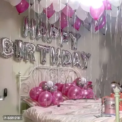 Happy Birthday Letter Foil Balloon 13 Letter Set (Silver) and Pack Of 30 Pieces Balloons (Pink, White, Silver)