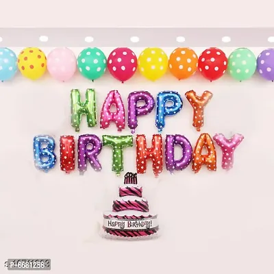 Happy Birthday Multi-Color Dotted Foil Letters and 1 Pc Cake Foil Balloon and 30 Pieces Polka Dotted Print Balloons