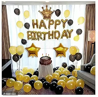 Happy Birthday Gold, Black Balloons With Crown Balloon For Birthday Decoration Pack Of 66