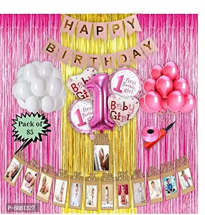 Baby Girl First 1st Happy Birthday Room Wall Party Decorations Combo Kit Pack Pink Color Theme (Set Of 85)