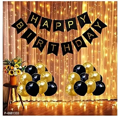 Black Gold Balloons and Banner Birthday Decorations Kit For Boys and Girls With Rice Lights LED Backdrop- Pack Of 32 (Set Of 32)