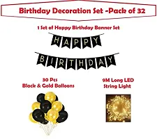 Black Gold Balloons and Banner Birthday Decorations Kit For Boys and Girls With Rice Lights LED Backdrop- Pack Of 32 (Set Of 32)-thumb1