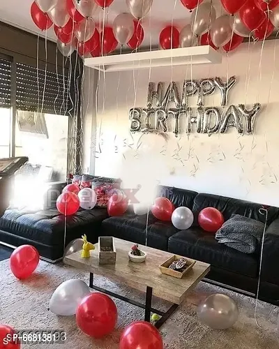 Happy Birthday Silver Letter Foil Balloon and Pack Of 30 Pieces Red, Silver Balloons