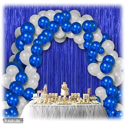30 Pieces Metallic Blue, White Balloons Combo and 2 Pc Blue Fringe Curtains Decoration Combo(3*6.5Feet)-thumb0
