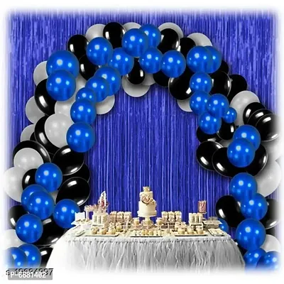 30 Pieces Metallic Blue, Black, White Balloons Combo and 2 Pc Blue Fringe Curtains Decoration Combo(3*6.5Feet)