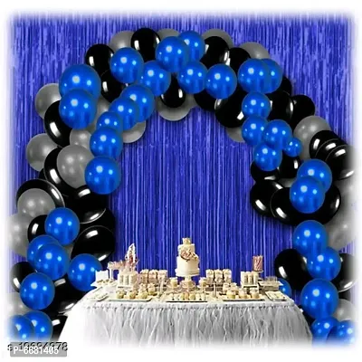 30 Pieces Metallic Blue, Black, Silver Balloons Combo and 2 Pc Blue Fringe Curtains Decoration Combo(3*6.5Feet)
