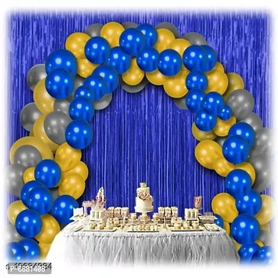 30 Pieces Metallic Blue, Golden, Silver Balloons Combo and 2 Pc Blue Fringe Curtains Decoration Combo(3*6.5Feet)