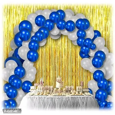 30 Pieces Metallic Blue, White Balloons Combo and 2 Pc Golden Fringe Curtains Decoration Combo(3*6.5Feet)
