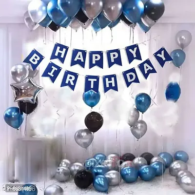 Happy Birthday Banner-Blue and 1 Pieces Silver Star (10Inch) and 30 Pieces Black, Silver, Blue Balloons Combo and Free Mask