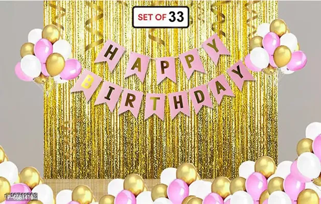 Happy Birthday Banner-Pink and 2 Pieces Gold Fringe Curtains (6Feet) and 30 Pieces White, Gold, Pink Balloons Combo-thumb0