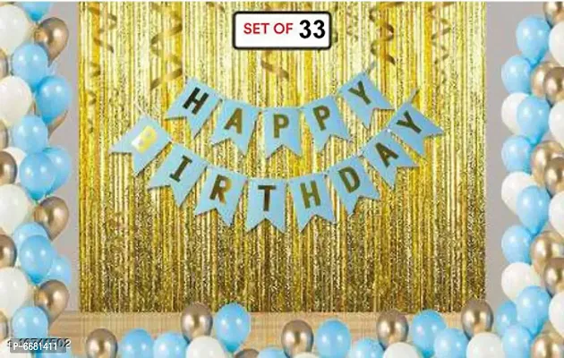Happy Birthday Banner-Blue and 2 Pieces Gold Fringe Curtains (6Feet) and 30 Pieces White, Silver, Blue Balloons Combo