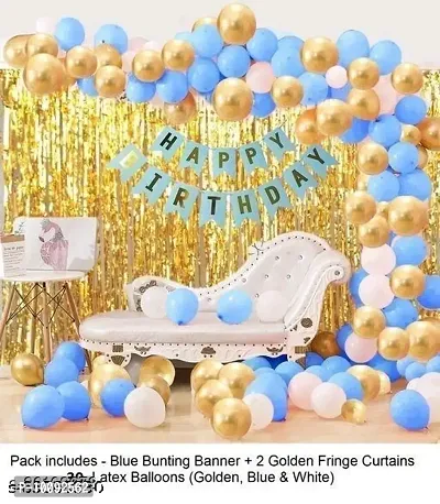 BALLOONS Happy Birthday Banner  Blue   2pcs Gold Fringe Curtains   30pcs Blue  Gold  White Metallic Balloons Combo-thumb0