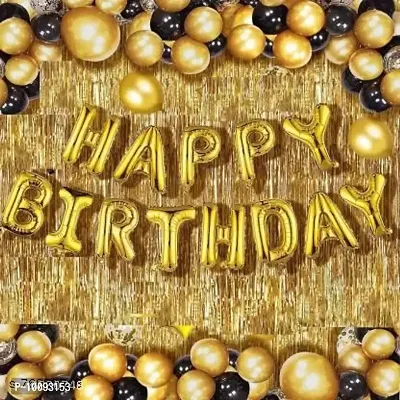 Happy Birthday Golden Foil Letter Balloons(13 foil latter 1 pack)With 30 Pic Black Gold Balloons And 2 Pcs Golden Metallic Fringe Shiny Curtains(Pack Of 45) Balloon Balloon  (Gold  Black  Pack of 45)-thumb0