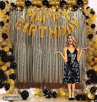 HAPPY BIRTHDAY GOLD 13 LETTER FOIL 2 SILVER CURTAIN 30 GOLD BLACK MATTALIC BALLON PACK OF 45