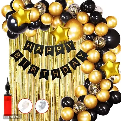 61pcs Birthday Banner Golden Foil Curtain Metallic Confetti Balloons With Hand Balloon Pumo And Glue Dot for Boys Girls Wife Adult Husband Mom Dad Happy Birthday Decorations Items Set Balloon&nbsp;&nbsp;(Gold  Black  Pack of 61)