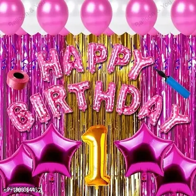 Happy Birthday Decoration  Birthday Ka Saman  First 1st Happy Birthday Combo Kit Pack Material For Party Decorations (Pack Of 73) PINK  (Set of 73)-thumb0