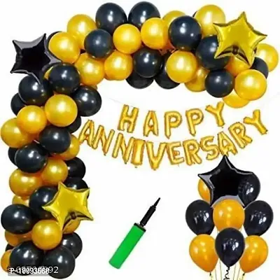 SOLID BALLOONS This special 106Pcs happy anniversary decoration kit includes: 1pc golden happy anniversary foil balloon  50pcs golden metallic balloons  50pcs black metallic balloons  1pc hand balloon pump  2pcs 18inch golden star  2pcs 18inch black star.