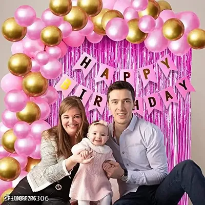 Happy Birthday Banner For Decoration Kit  52 Pcs Combo Set   Pink Happy Birthday Banner  Pink Curtain Foil  Metallic Golden and Pink Latex Balloons