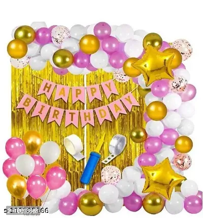 Pink   White Happy Birthday Balloons Decorations Set   61Pcs pink banner 3confetti 50pcs balloon pink white gold 2gold star 2gold curtian pump dot glue arch-thumb0