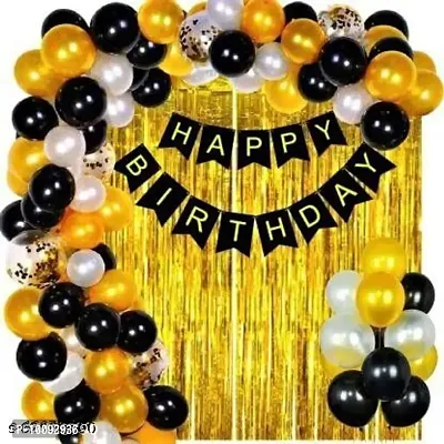 HAPPY BIRTHDAY BLACK BANNER   2 PCS GOLDEN FRINGE CURTAIN   30 PCS BLACK  GOLDEN AND SILVER METALLIC BALLOONS   1 FREE GIFT-thumb0