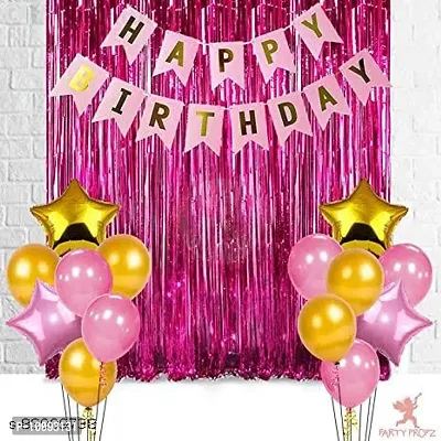 Happy Birthday Decoration Set   (37 Pcs) 2 pcs Pink Fringe Curtains   1 pcs Happy Birthday Pink Banner   30 pcs Pink and Golden Metallic Balloons   2 pcs Golden and 2 pcs Pink Star Foil (18 inch)-thumb0