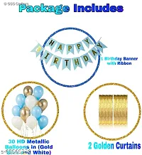 BALLOONS Happy Birthday Banner  Blue   2pcs Gold Fringe Curtains   30pcs Blue  Gold  White Metallic Balloons Combo-thumb1