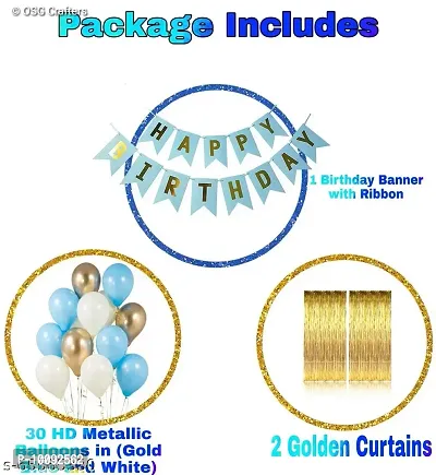 BALLOONS Happy Birthday Banner  Blue   2pcs Gold Fringe Curtains   30pcs Blue  Gold  White Metallic Balloons Combo-thumb2