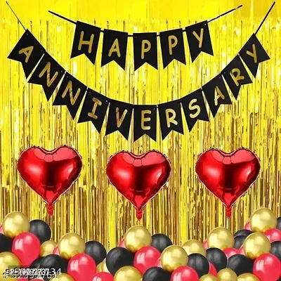 (36 Pcs) Anniversary Decoration For Home Kit with Happy Anniversary Banner  Curtains   Heart Foil with HD Metallic Balloons Decoration Kit Set Decorations Items Combo (Black Gold)-thumb0