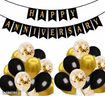 Happy Anniversary Combo for Anniversary Decoration Black Bunting Banner Golden Confetti Balloons(10) Metallic HD Black Balloon (20) Golden(20) Total 51  (Set of 1)