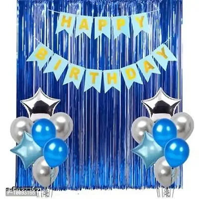 SOLID BALLOONS Happy birthday blue banner  30 blue and silver metallic balloons  4 star =( 2 blue 2 silver )foil  2 curtain blue fringe