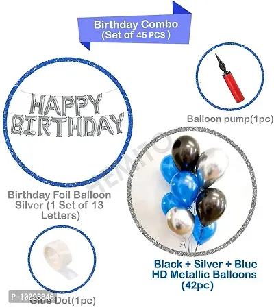 45 Pcs Combo  Blue  Black and Silver Metallic Balloons with Air Pump   Happy Birthday Letter Foil   Glue Dot| Birthday Decorations Kit Balloon&nbsp;&nbsp;(Black  Silver  Blue  Pack of 45)-thumb2