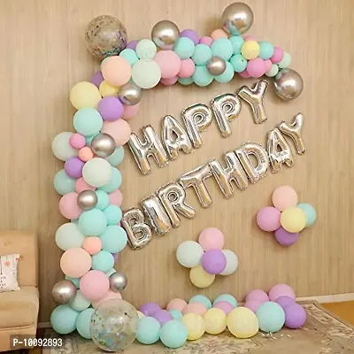 Silver Happy Birthday Balloon Decoration Kit Items   Combo 54 Pcs   Happy Birthday Foil and Multi Color Pastel Balloons