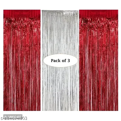 Metallic Fringe Foil Curtain for Birthday  Wedding  Anniversary Photo Booth Decoration (2 x Red   1 x Silver  3 ft x 6 ft)   Pack of 3 Party Supplies