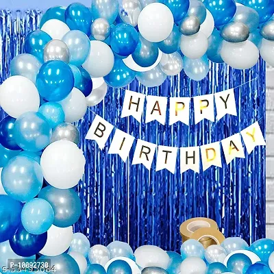 Happy Birthday Banner For Decoration Kit  52 Pcs Combo Set   White Happy Birthday Banner  Blue Curtain Foil  HD Metallic Light Blue  White and Silver Latex Balloons (White Blue)-thumb0