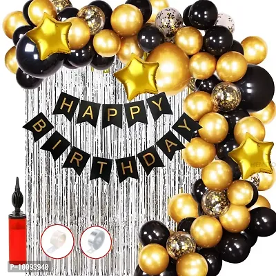 Happy Birthday Decoration Kit Combo 61Pcs for Black and Golden HBD Letter Star Foil Balloons with balloon hand pump for Kids boy Girl Adults 40th 50th 60th Theme D&eacute;cor Happy Birthday Decoration Items Set-thumb0