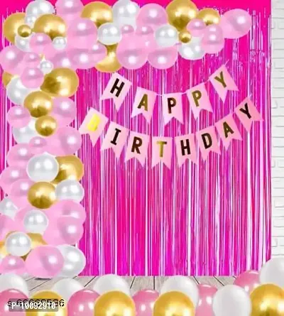 BALLOONS Happy Birthday Decoration kit : Happy Birthday banner (Pink)  2 Pcs Big Curtain (Pink)  50 Pcs HD Metallic Balloons (Pink Gold White) With Ribbon Included-thumb0