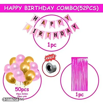 Happy Birthday Banner For Decoration Kit  52 Pcs Combo Set   Pink Happy Birthday Banner  Pink Curtain Foil  Metallic Golden and Pink Latex Balloons-thumb2