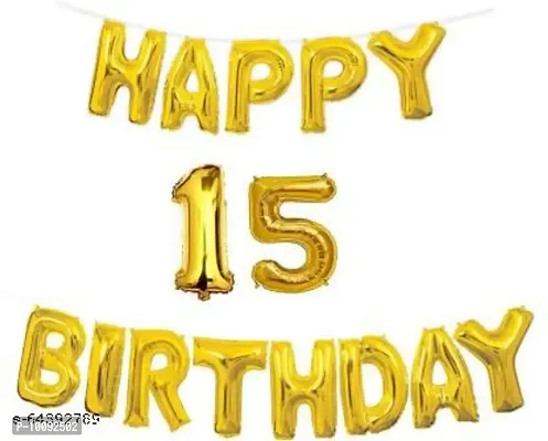 Solid Golden Happy Birhtday Banner with 15 Number   Ribbon Letter Balloon  (Gold  Pack of 15)