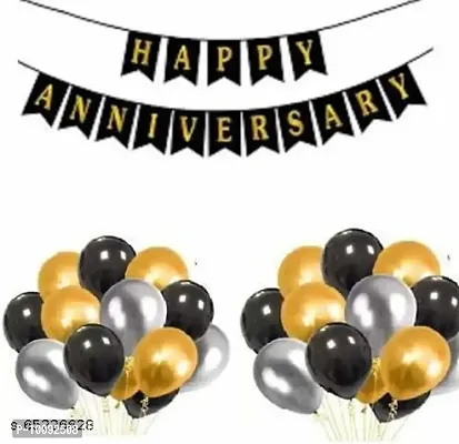 Happy Anniversary Royal Combo for Anniversary Decoration Black Bunting Banner Metallic HD Black Balloon (20) Golden(20) Silver(20) Total 61  (Set of 1)