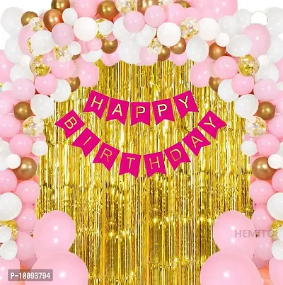 Birthday Decoration Kit for Girls   33Pcs Pink  White Golden Metallic Birthday balloons for Girls Decoration  Golden Foil Curtain  Pink Happy Birthday Banner Birthday Decoration Combo Set Balloon&nbsp;&nbsp;(Pink  White  Gold  Pack of 33)