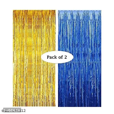 Metallic Fringe Plastic Foil Curtain for Birthday  Wedding  Anniversary Decoration (3 x 6 Feet  Blue Gold  Set of 2)  Party Supplies
