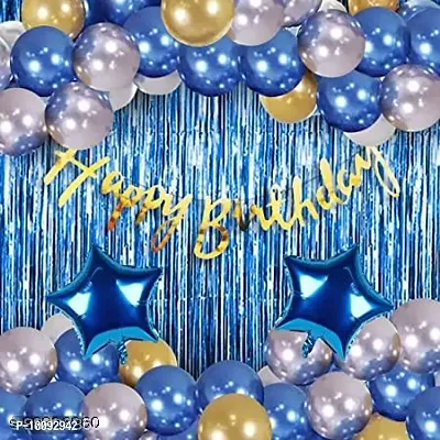 Happy Birthday Cursive Banner   2 Star Foil Balloons   2 Fringe Foil Curtain   30 Metallic Latex Balloons (Blue  Gold   Silver)-thumb0