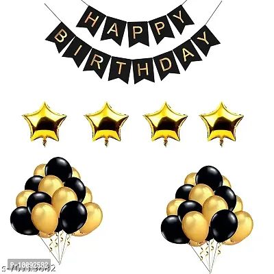 BALLOONS. Happy Birthday Black Paper Banner  4 Gold Star Foil Balloons  30 Black Gold Metallic Balloons