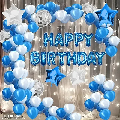 Happy Birthday Decoration Set 75pc with Happy Birthday Foil Blue Color  Metallic   Confetti Balloon  Star Foil Balloon  Balloon Arch  Fairy Light   Ribbon is Decoration Combo Pack