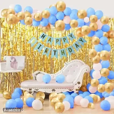 HAPPY BIRTHDAY Printed Blue Banner Combo With Metallic Balloons   Decorative Curtains For Boys Birthday Party Decorations  (Set of 33)