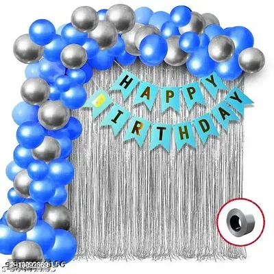 Happy Birthday Decoration Kit Combo Set for Boys   Girls   Birthday Banner   2 Pcs Big Size Fringe Foil Curtain with 30 Pcs HD Metallic Balloons Decoration   Happy Birthday Balloons (Blue   Silver)-thumb0