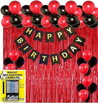 FREE MAGIC CANDLE HAPPY BIRTHDAY BLACK BANNER   30 PCS RED BLACK BALLOON 2 PCS RED FOIL CURTIAN